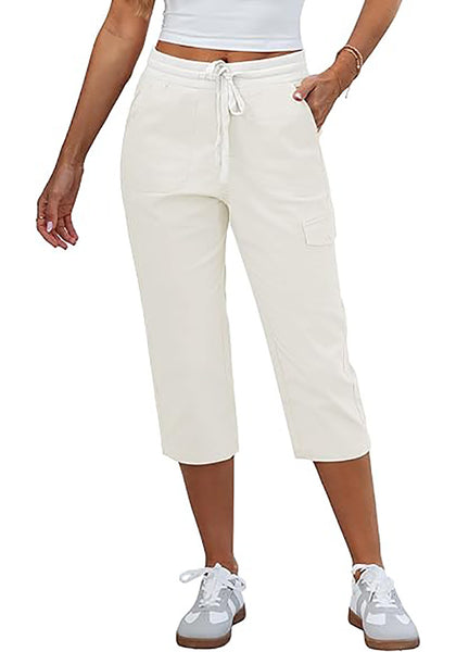 Women's Stretchy High Elastic Waist Wearable Tapered Short Cargo Capri Pants