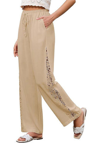 Women's Loose Wide Leg Pants with Hollow Out Side High Waisted Drawstring Elastic Casual Summer Trousers