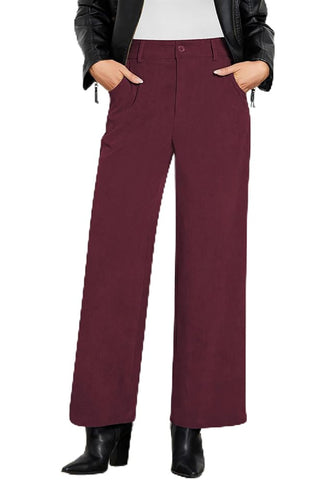 Wine Red Women's Casual High Waist Pocket Polyester Relaxed Fit Wide Leg Pants