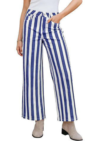 Women's Fashion High Waist Wide Leg Loose Fit Blue White Striped Denim Jeans