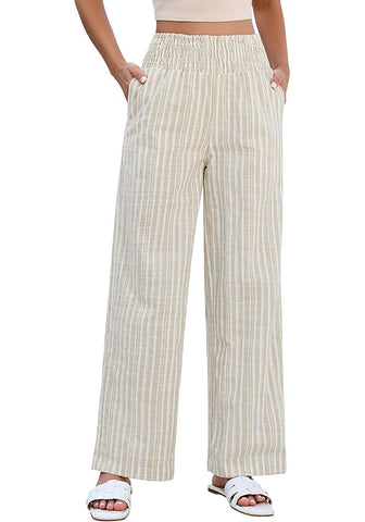 Women’s Striped Wide Leg Pants Causal Elastic High Waist Full Length Trousers with Pockets