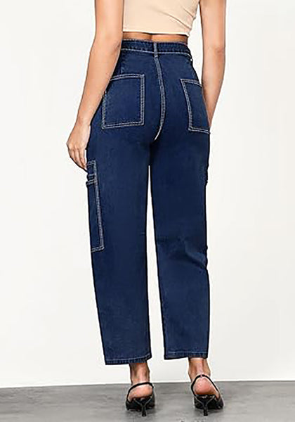 Nightfall Blue Women's Jeans Denim Relaxed Straight Ankle Length Barrel Cargo Pant