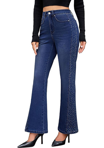 Darkness Blue Women's High Waisted Flared Jeans Rhinestone Side Stripes Comfort Stretch Functional Pockets