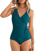 Women One Piece Swimsuit V Neck Wrap Design Side Drawstring Ruched Sleeveless Tank Swimwear