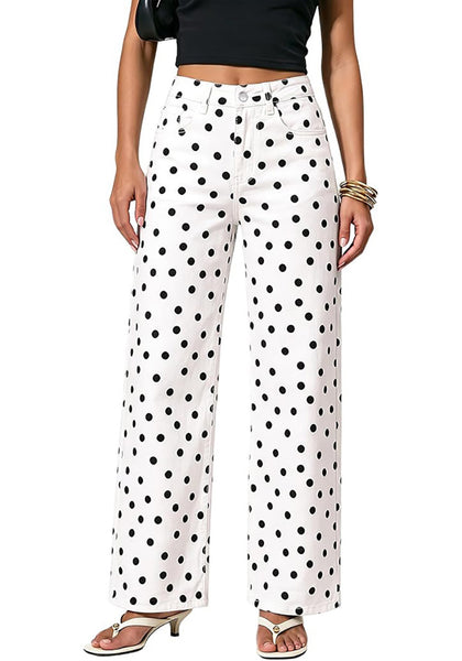 LookbookStore Wide Leg Jeans for Women High Waisted Polka Dot Stretch Denim Pants | Polka Dot, 90s Baggy Straight, High Rise, 29.5 Inch Inseam, Stretchy Jean Pants, Classic 5 Pockets, Business Casual Outfits