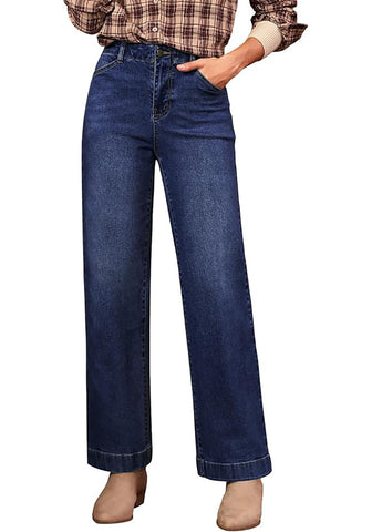 Darkness Blue Women's High Waisted Wide Leg Jeans with Comfort Stretch and Functional Pockets