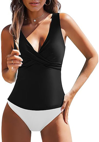 Tankini Tops for Women Deep V Neck Front Ruched  Swimwear with Adjustable Wide Straps