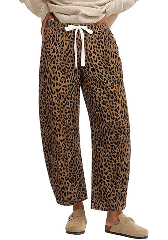 Women's Leopard Print Wide Leg Pants with Drawstring Elastic Waist Casual Loose Trousers for Summer Lounge & Vacation