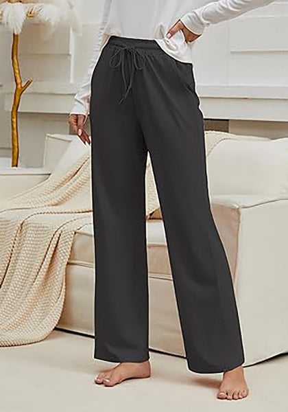 Dark Gray Women's Casual Elastic Waist Full Length Relaxed Fit Stretch Wide Leg Pants Side Pocket