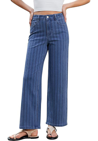 High Waisted Striped Wide Leg Jeans for Women Vintage Denim Loose Fit Casual Pants