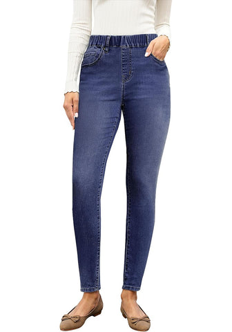 Darkness Blue High Waist Skinny Jeans with Elastic Waistband for Women Stretch Denim Functional Pockets Comfort Fit Jeggings