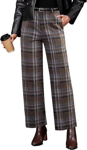 Brown & Gray Plaid Palazzo Pants Women High Waist Wide Leg Trousers with Pockets Comfort Fall Winter Vintage Office