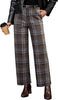 Brown & Gray Plaid Palazzo Pants Women High Waist Wide Leg Trousers with Pockets Comfort Fall Winter Vintage Office
