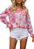 Hot Pink Floral Women's Floral Ruffle Button Down Long Sleeve Blouse