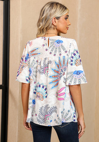 Paisley - Multicolor Women's Casual Floral Print Short Sleeve Flowy Babydoll Tops