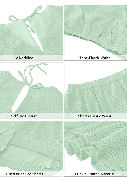 Mint Women's 2 Piece Outfit Textured Crop Tops Elastic Waist Flowy Shorts