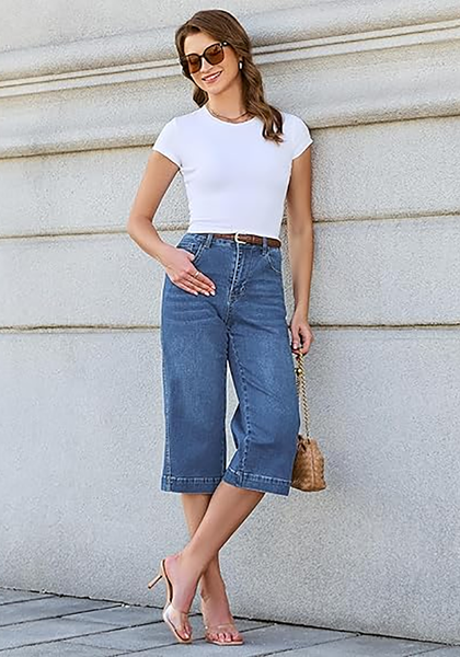 LookbookStore Women's Medium Blue High Waisted Wide Leg Capri Pants Stretchy Denim Jeans Side Seam Design Casual Summer Trendy Style
