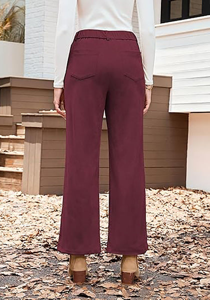 Wine Red Women's Casual High Waist Pocket Polyester Relaxed Fit Wide Leg Pants