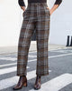 Brown & Gray Plaid Palazzo Pants Women High Waist Wide Leg Trousers with Pockets Comfort Fall Winter Vintage Office
