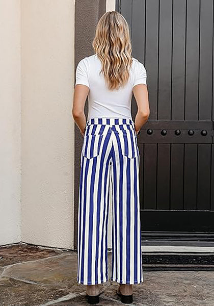 Women's Fashion High Waist Wide Leg Loose Fit Blue White Striped Denim Jeans