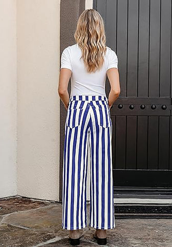 Women's Fashion High Waist Wide Leg Loose Fit Blue White Striped Denim Jeans