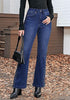 Darkness Blue Women's High Waisted Flared Jeans Rhinestone Side Stripes Comfort Stretch Functional Pockets