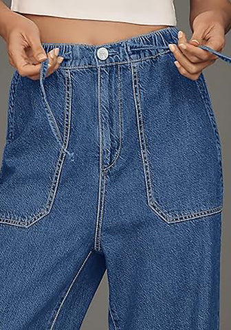 Classic Blue Cropped Wide Leg High Waisted Drawstring Denim Jeans For Women