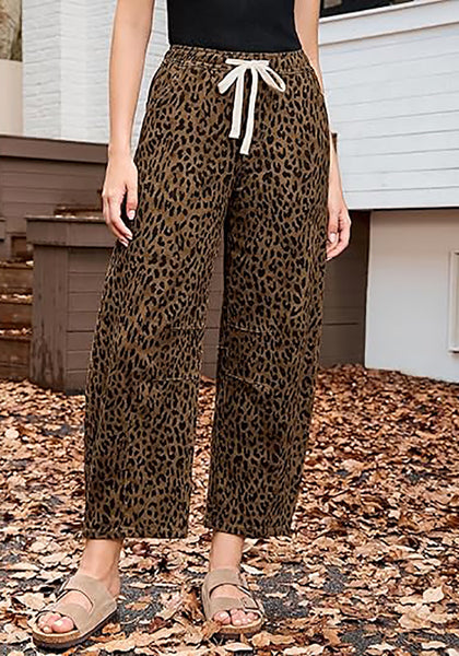 Women's Leopard Print Wide Leg Pants with Drawstring Elastic Waist Casual Loose Trousers for Summer Lounge & Vacation
