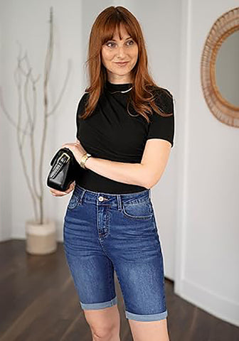 LookbookStore Classic Blue Women's Viral Y2K Aesthetic High Waist Stretchy Bermuda Denim Shorts with Rolled Cuffs