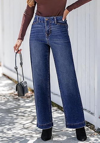 Darkness Blue Women's High Waisted Wide Leg Jeans with Comfort Stretch and Functional Pockets