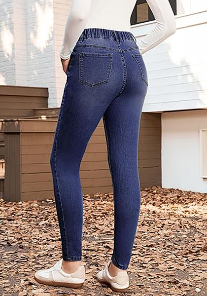 Darkness Blue High Waist Skinny Jeans with Elastic Waistband for Women Stretch Denim Functional Pockets Comfort Fit Jeggings