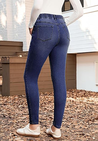 Darkness Blue High Waist Skinny Jeans with Elastic Waistband for Women Stretch Denim Functional Pockets Comfort Fit Jeggings