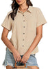 Beige for Women's Lapel Button Front Short Sleeve Top Casual Blouse Button-Down Shirt