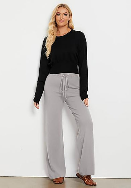 Heather Gray  Women's Full-Length Wide Leg Stretch Casual Pants Elastic Waist Relaxed Fit