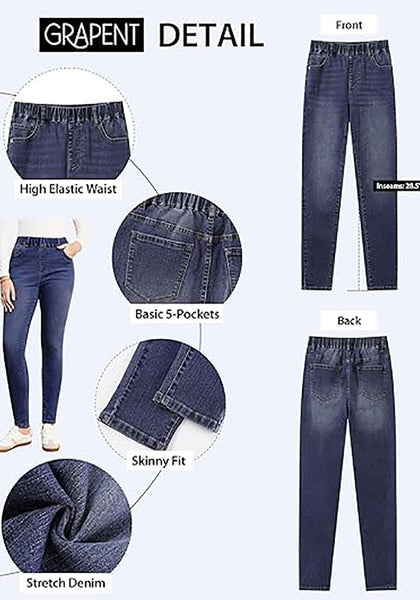 Darkness Blue High Waist Skinny Jeans with Elastic Waistband for Women Stretch Denim Functional Pockets Comfort Fit Jeggings