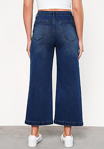 Nightfall Blue Women's High Waisted Wide Leg Denim Cropped Jean Pants for Curvy