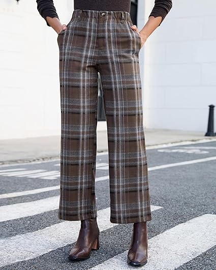 Brown & Gray Plaid Palazzo Pants Women High Waist Wide Leg Trousers with Pockets Comfort Fall Winter Vintage Office