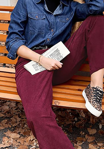 Wine Red Women's Casual High Waist Pocket Polyester Relaxed Fit Wide Leg Pants