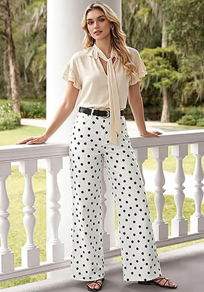 LookbookStore Wide Leg Jeans for Women High Waisted Polka Dot Stretch Denim Pants | Polka Dot, 90s Baggy Straight, High Rise, 29.5 Inch Inseam, Stretchy Jean Pants, Classic 5 Pockets, Business Casual Outfits