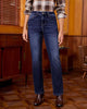 Darkness Blue High Waist Denim Pants Straight Leg Comfort Stretch Jeans Full Length Jeans with Pockets Casual