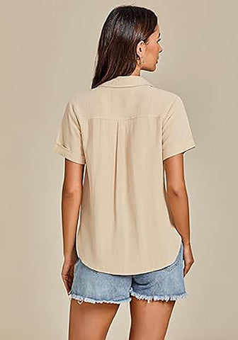 Beige for Women's Lapel Button Front Short Sleeve Top Casual Blouse Button-Down Shirt