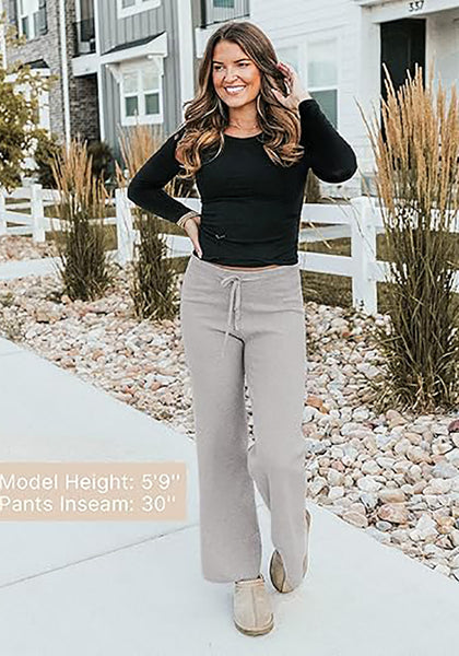 Heather Gray  Women's Full-Length Wide Leg Stretch Casual Pants Elastic Waist Relaxed Fit