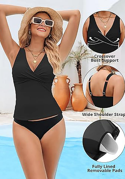 Tankini Tops for Women Deep V Neck Front Ruched  Swimwear with Adjustable Wide Straps