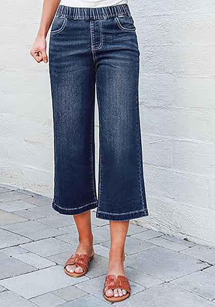 Vintage Blue Women's Denim Capri Elastic Waist High Waist Pant Pocket