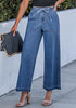 Classic Blue Cropped Wide Leg High Waisted Drawstring Denim Jeans For Women