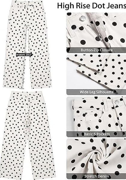LookbookStore Wide Leg Jeans for Women High Waisted Polka Dot Stretch Denim Pants | Polka Dot, 90s Baggy Straight, High Rise, 29.5 Inch Inseam, Stretchy Jean Pants, Classic 5 Pockets, Business Casual Outfits