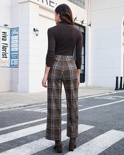 Brown & Gray Plaid Palazzo Pants Women High Waist Wide Leg Trousers with Pockets Comfort Fall Winter Vintage Office