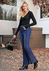 Darkness Blue Women's High Waisted Flared Jeans Rhinestone Side Stripes Comfort Stretch Functional Pockets