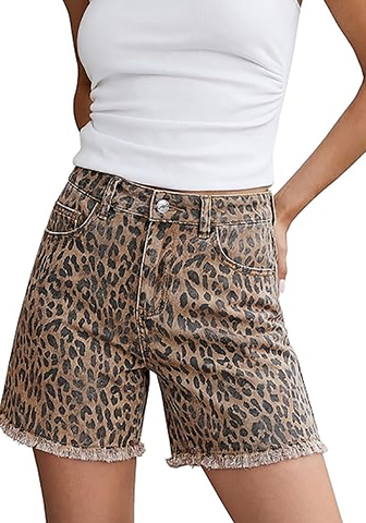 LookbookStore Women Bleached Caramel Cheetah High Rise Leopard Cheetah Print Jean Shorts, Stretch Denim Raw Hem Mid Thigh Casual Summer Jorts