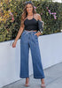 Classic Blue Cropped Wide Leg High Waisted Drawstring Denim Jeans For Women